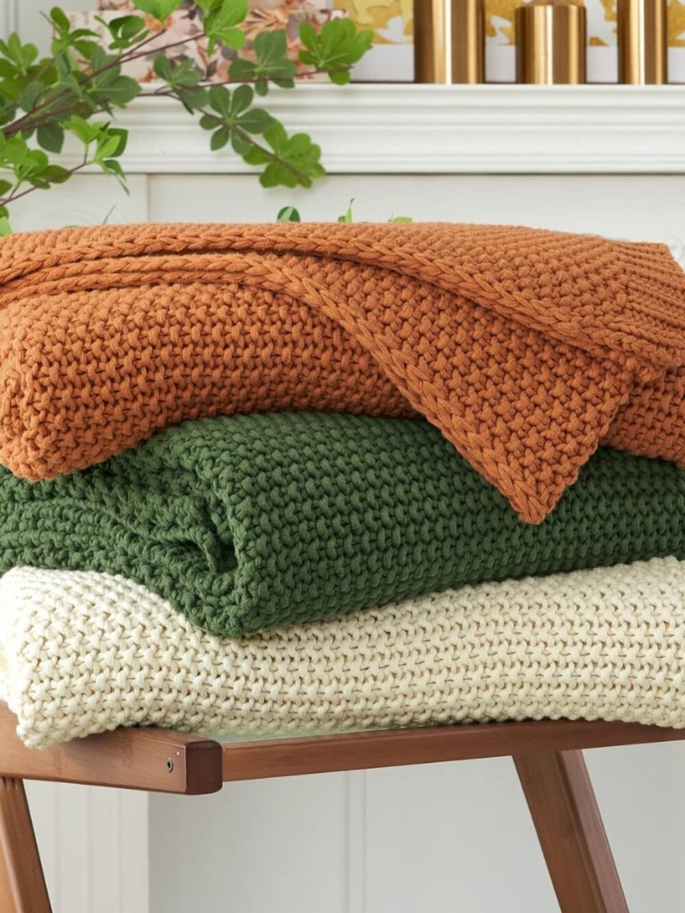 Chunky Cable Knit Throw Blanket Lightweight Olive Green 100% Organic Cotton